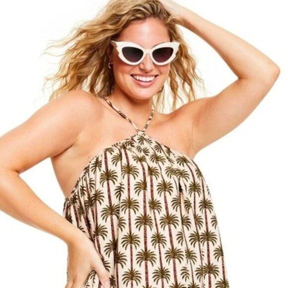 Agua Bendita X Target Cream Green‎ Palm Tree Linen Blend Halter Mini Dress Boho - Picture 1 of 8